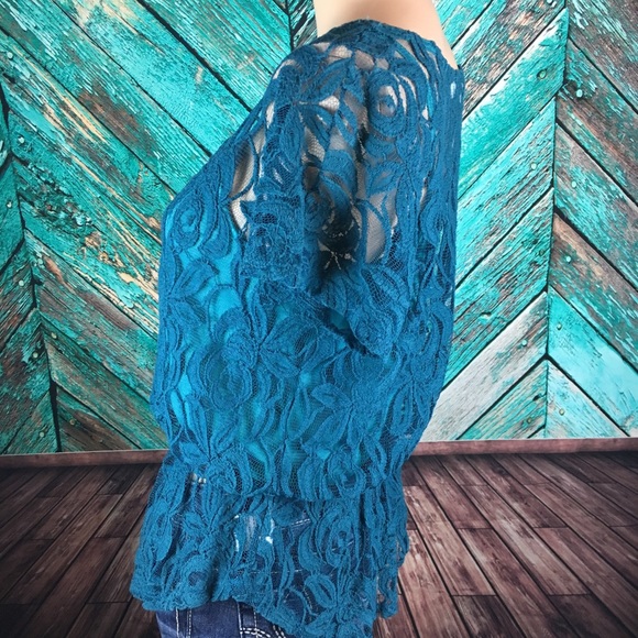 Anthropologie Pins & Needles Turquoise Lace Top - Picture 4 of 7